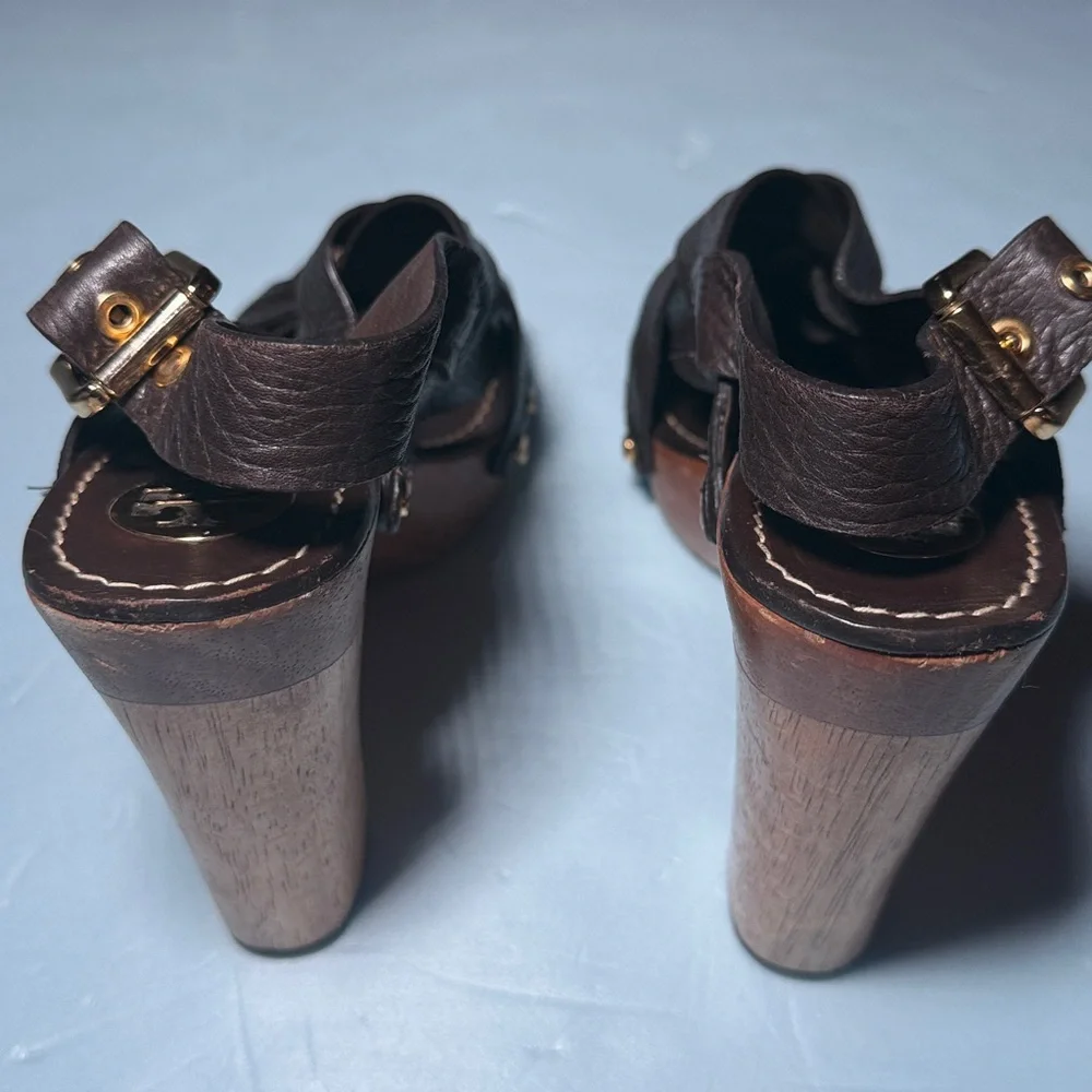 TORY BURCH Women’s 8 M Jodie Brown Leather Woven Platform Heel Sandals - Picture 5 of 15